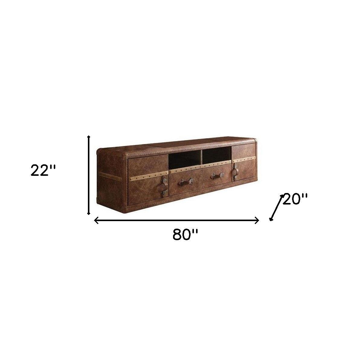 80" Brown Leather Cabinet Enclosed Storage TV Stand - FurniFindUSA