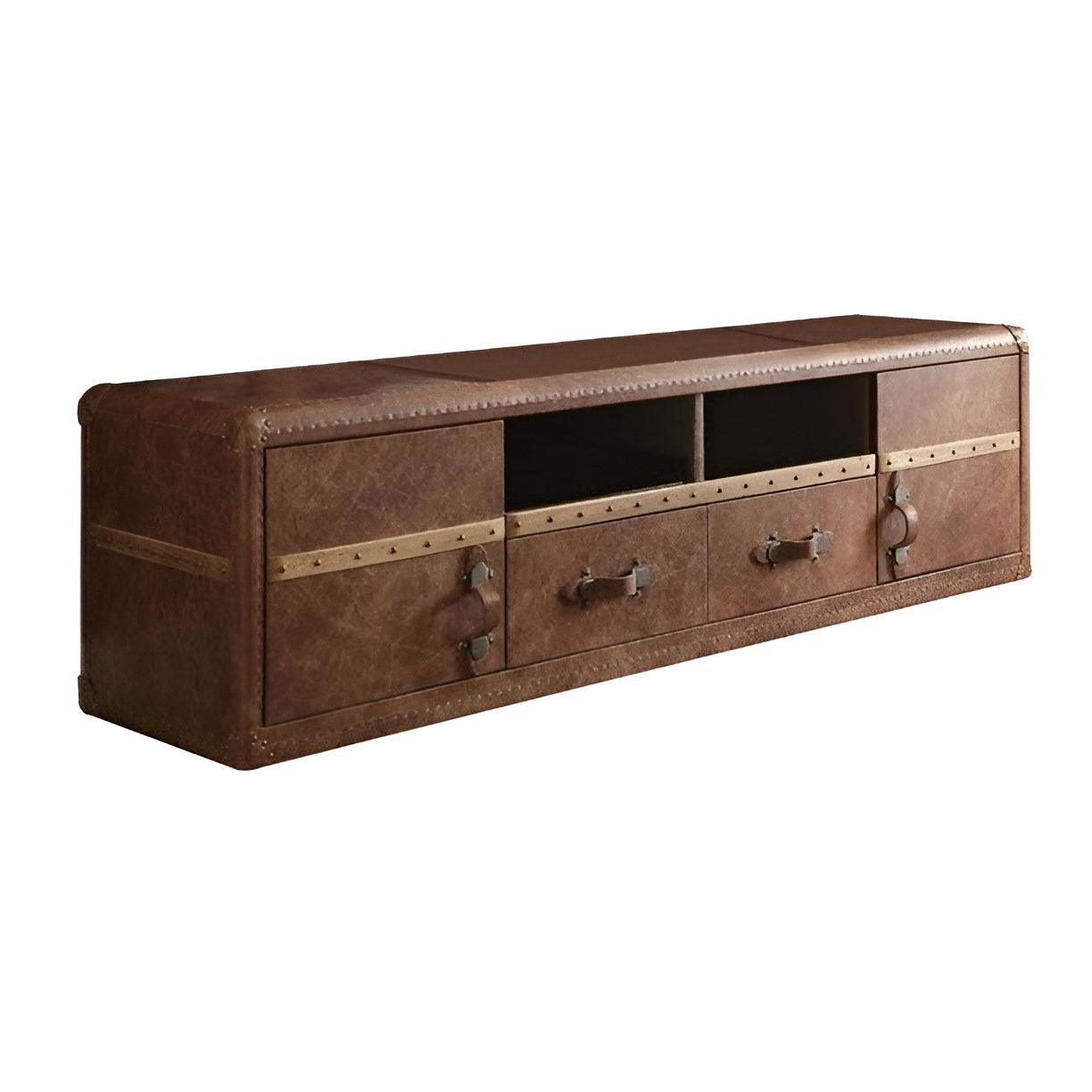 80" Brown Leather Cabinet Enclosed Storage TV Stand - FurniFindUSA