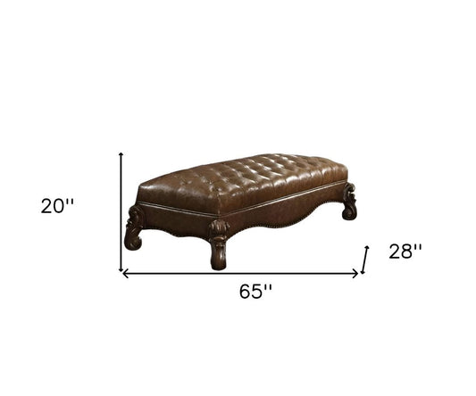 65" Brown Tufted Faux Leather Polyresin And Solid Wood Upholstered Bench
