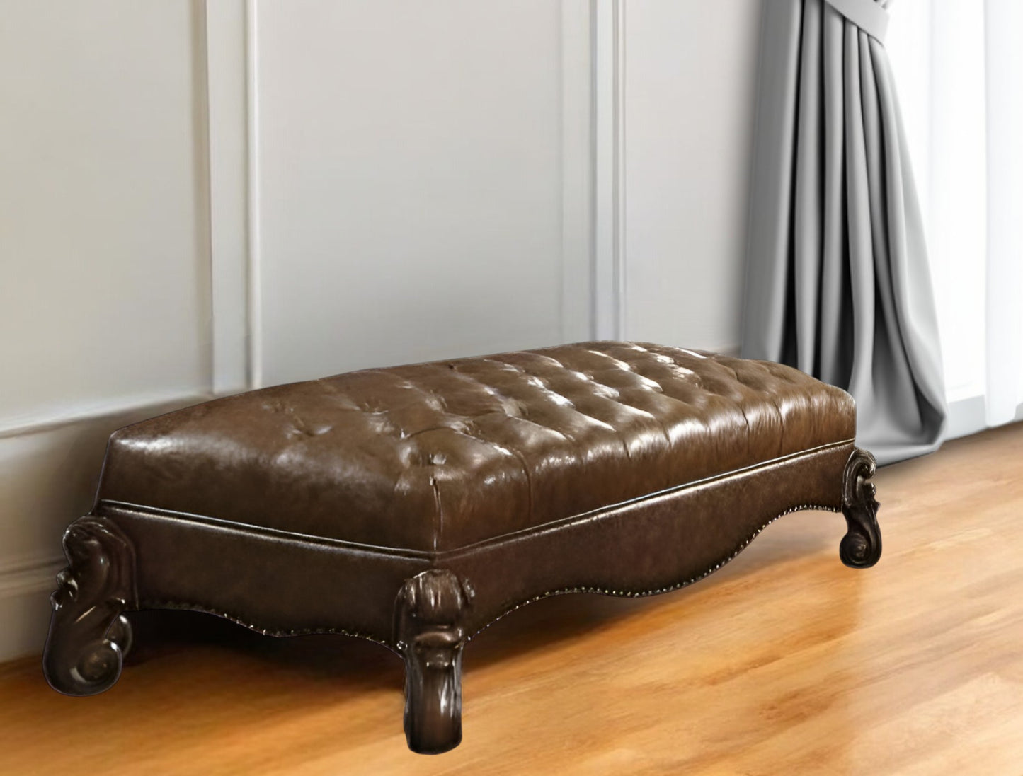 65" Brown Tufted Faux Leather Upholstered Bench