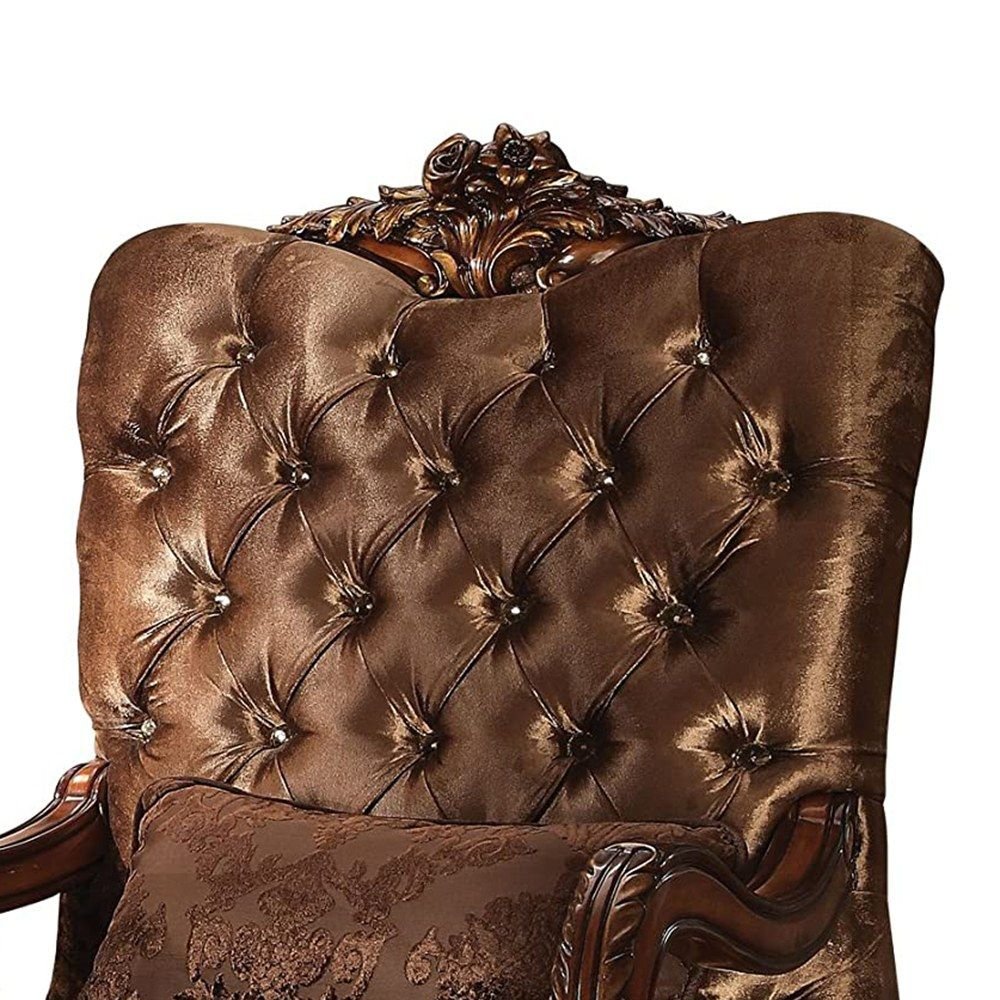 34" Golden Brown Tufted Velvet and Wood Arm Chair And Toss Pillow HomeRoots