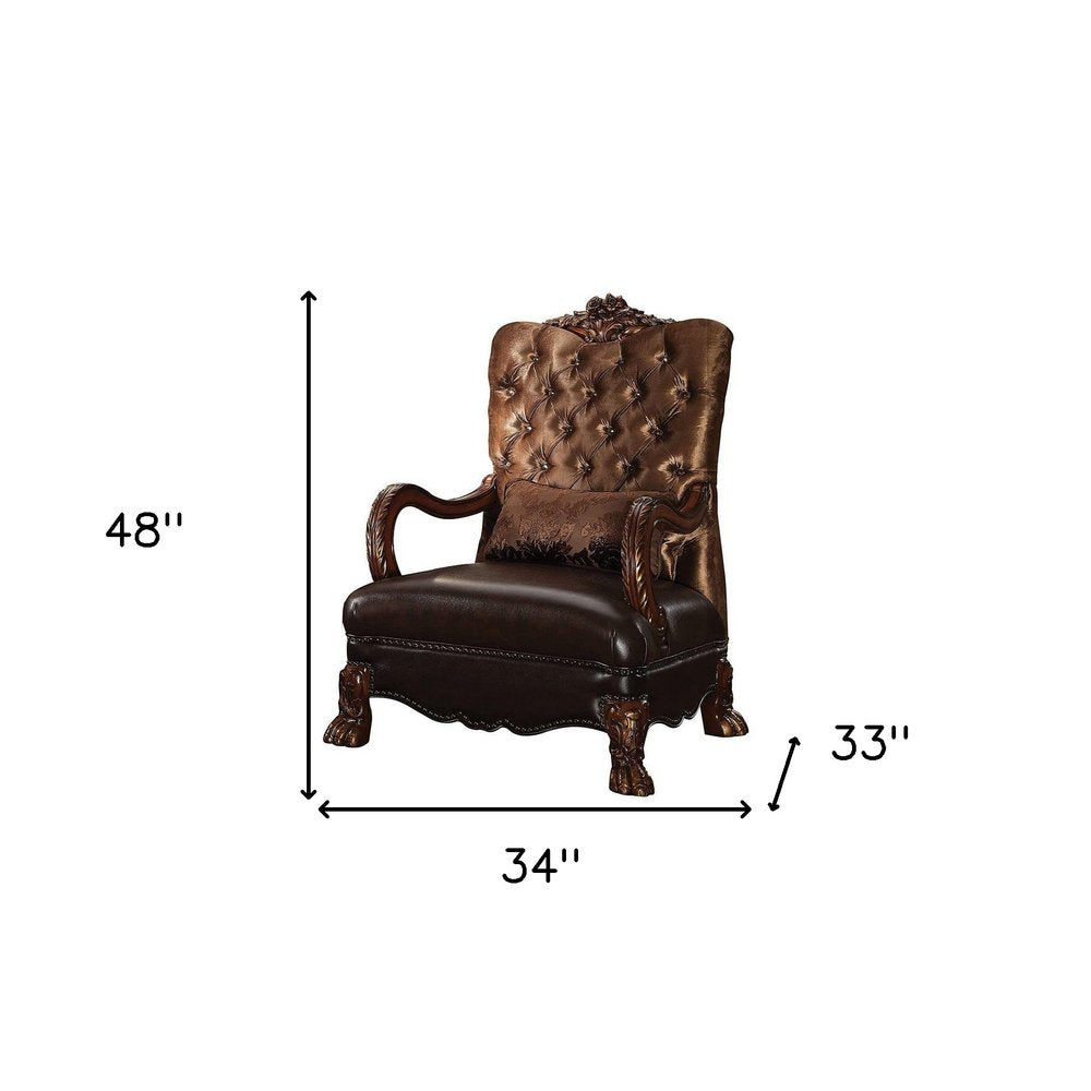 34" Golden Brown and Chocolate Velvet Tufted Arm Chair And Toss Pillow HomeRoots