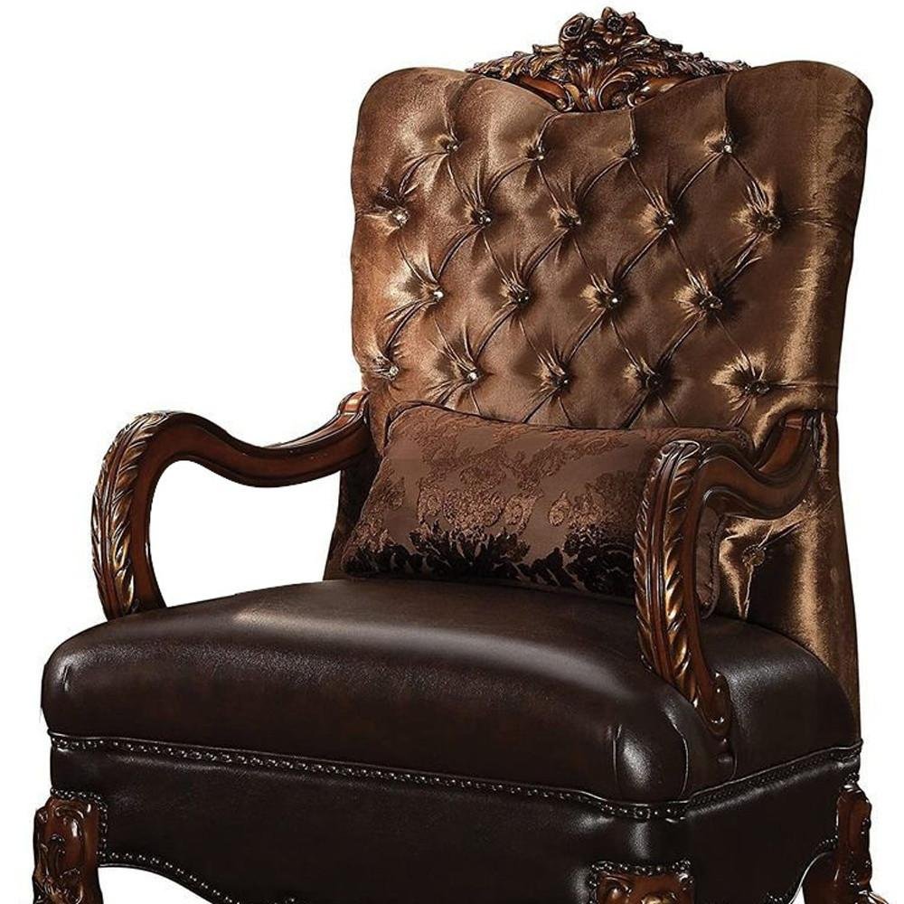 34" Golden Brown Tufted Velvet and Wood Arm Chair And Toss Pillow HomeRoots