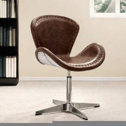 25" Brown and Silver Faux Leather Distressed Swivel Arm Chair HomeRoots