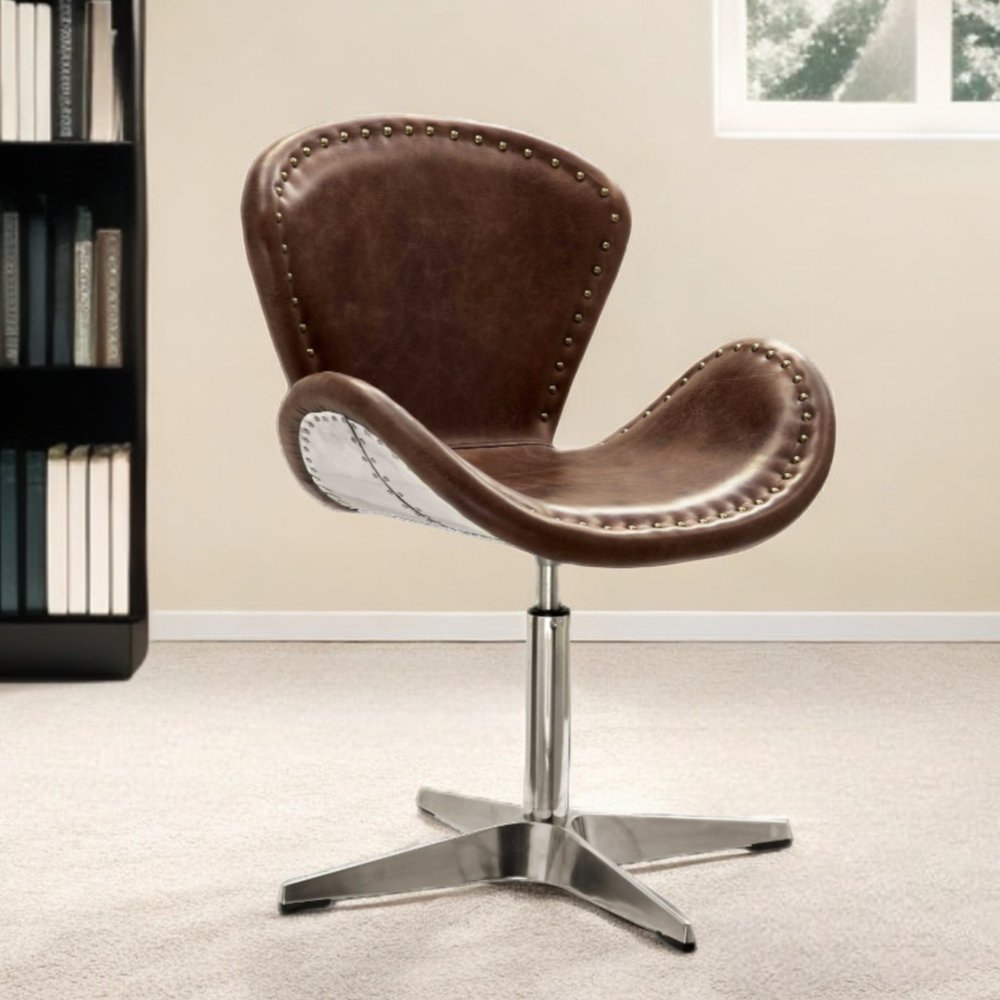 25" Brown and Silver Faux Leather Distressed Swivel Arm Chair HomeRoots