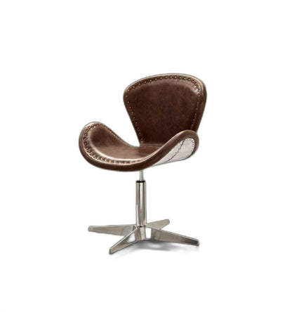 25" Brown and Silver Faux Leather Distressed Swivel Arm Chair HomeRoots