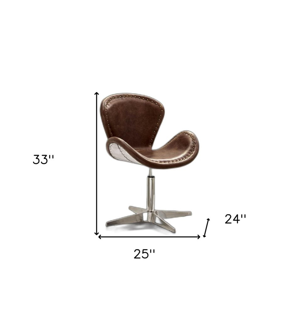 25" Brown and Silver Faux Leather Distressed Swivel Arm Chair HomeRoots