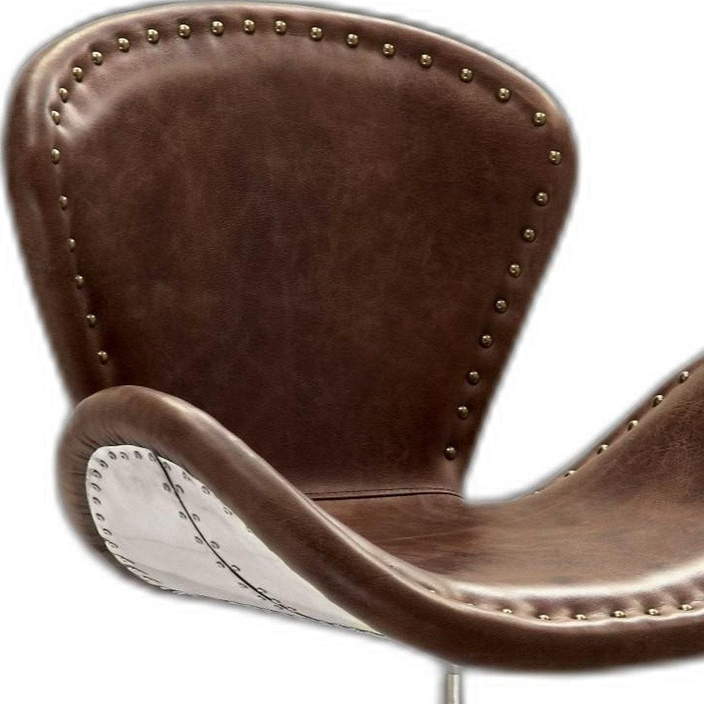 25" Brown and Silver Faux Leather Distressed Swivel Arm Chair HomeRoots