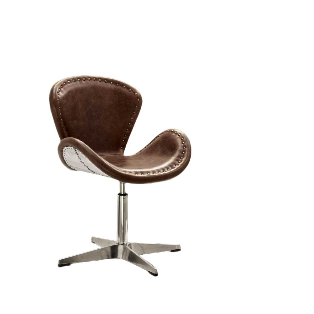 25" Brown and Silver Faux Leather Distressed Swivel Arm Chair HomeRoots