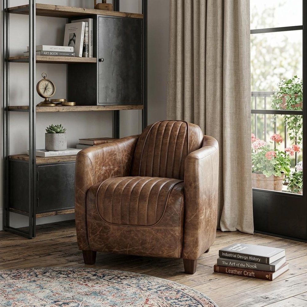 29" Brown Faux Leather Distressed Barrel Chair HomeRoots