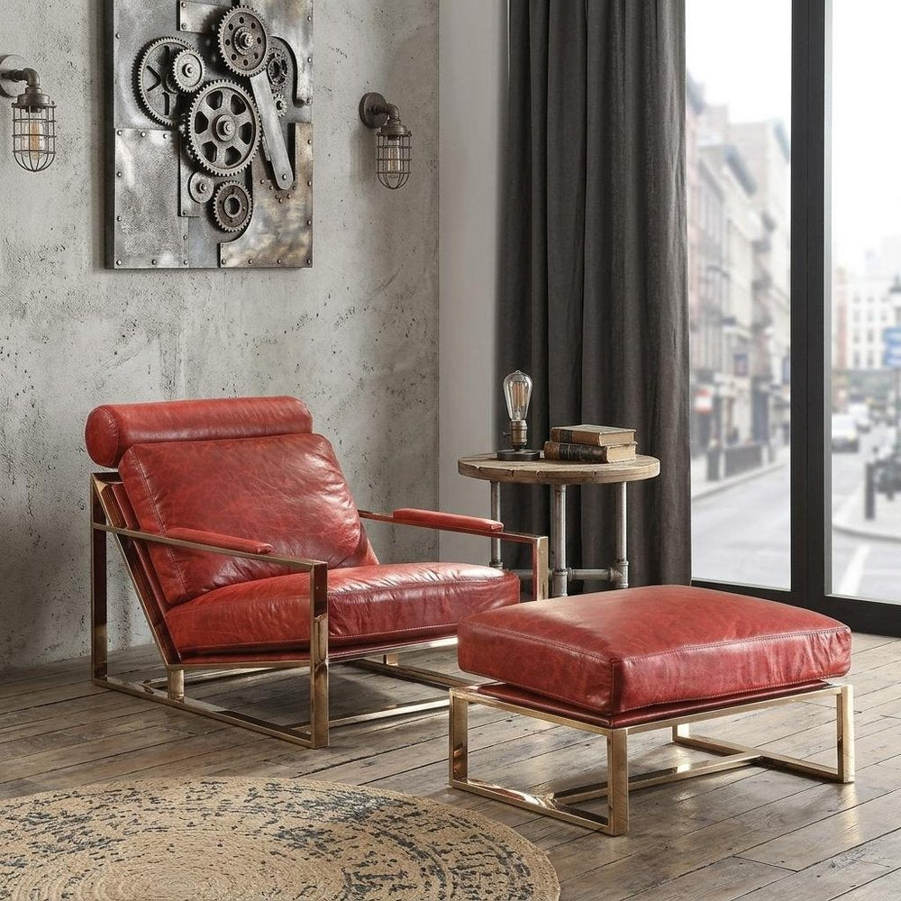 29" Red and Gold Top Grain Leather Arm Chair HomeRoots