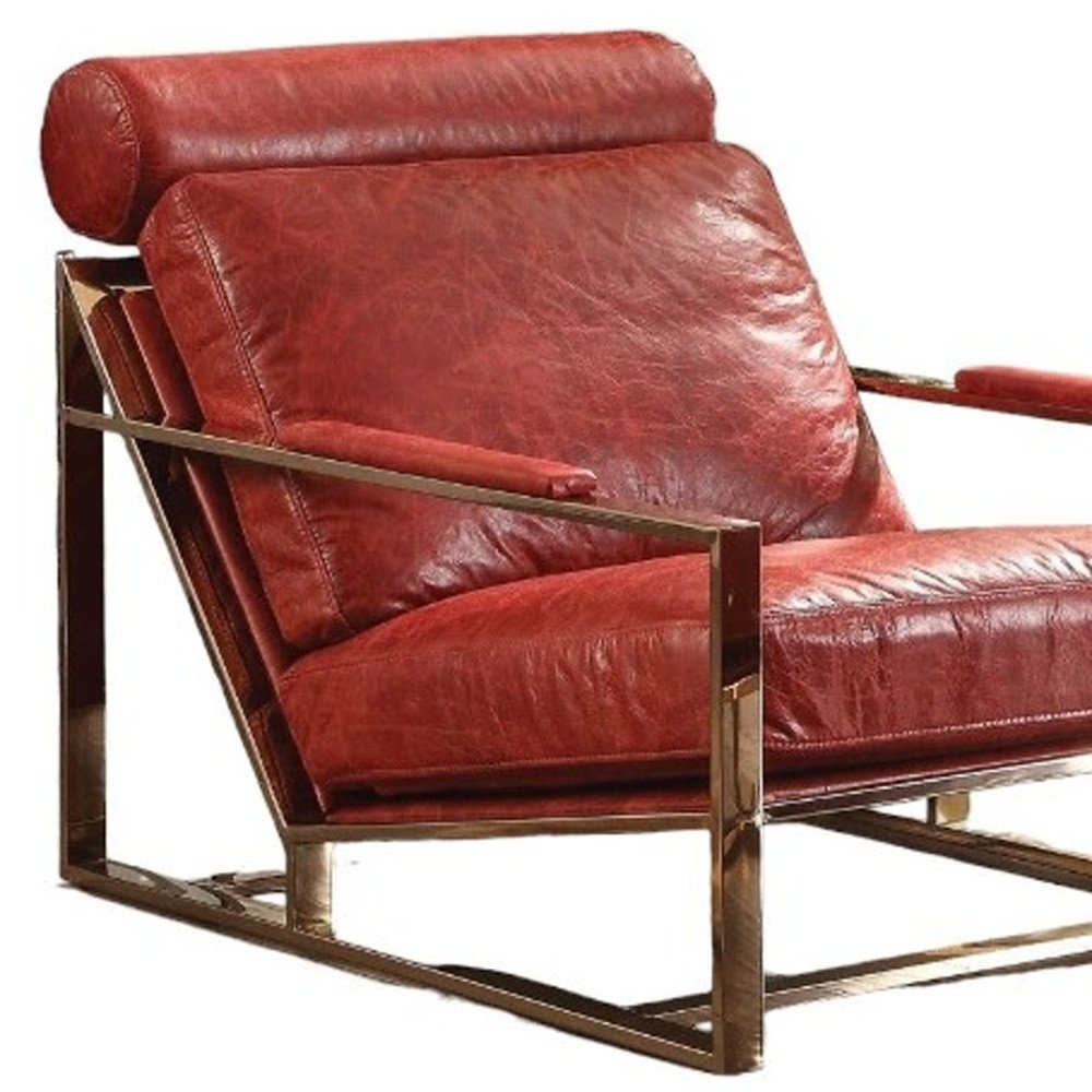 29" Red and Gold Top Grain Leather Arm Chair HomeRoots