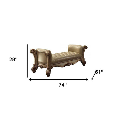 74" Beige and Gold Upholstered Faux Leather Bench - FurniFindUSA