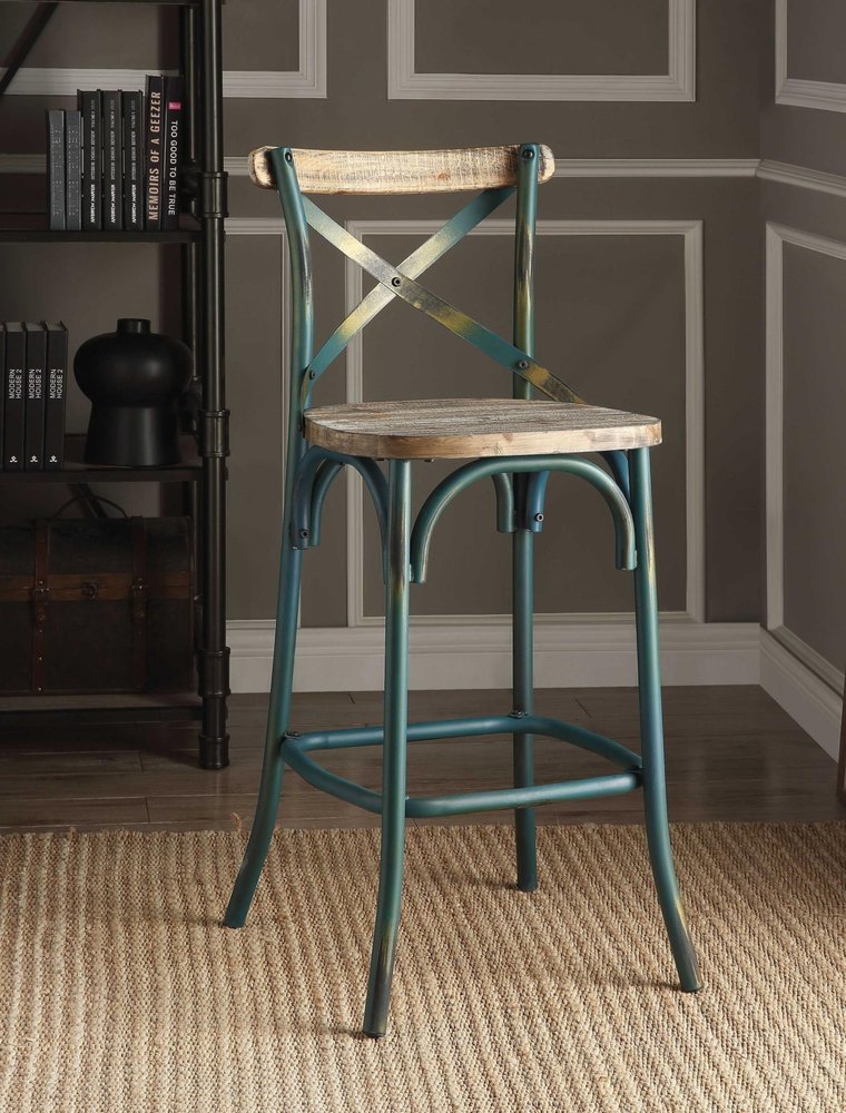 21" Brown And Turquoise Solid Wood And Metal Bar Chair HomeRoots