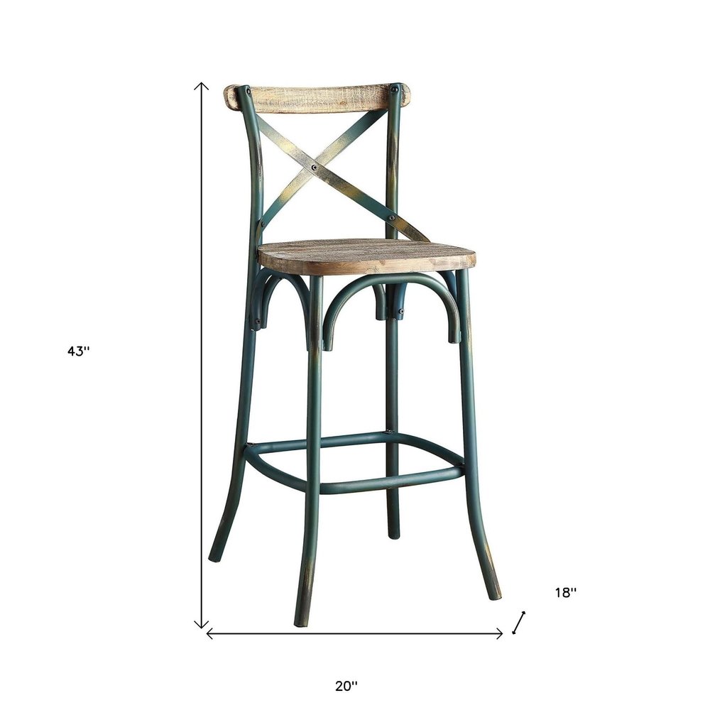 21" Brown And Turquoise Solid Wood And Metal Bar Chair HomeRoots