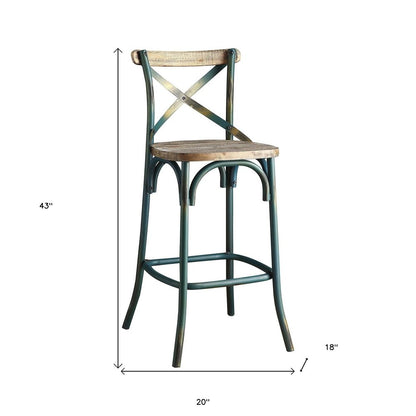 21" Brown And Turquoise Solid Wood And Metal Bar Chair HomeRoots