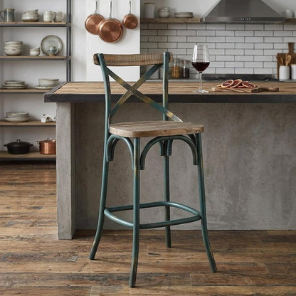21" Brown And Turquoise Solid Wood And Metal Bar Chair HomeRoots