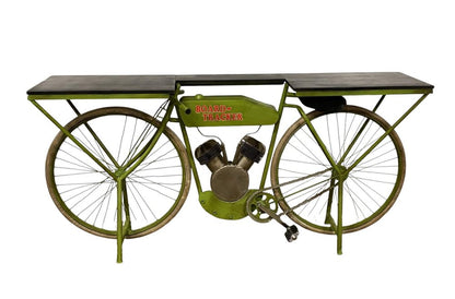 71" Brown and Green Solid Wood and Metal Bike Kitchen Cart HomeRoots