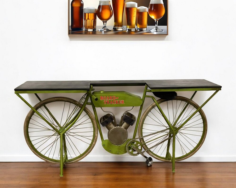 71" Brown and Green Solid Wood and Metal Bike Kitchen Cart HomeRoots
