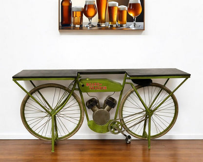 71" Brown and Green Solid Wood and Metal Bike Kitchen Cart HomeRoots