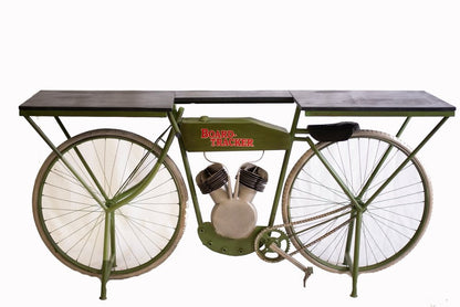 71" Brown and Green Solid Wood and Metal Bike Kitchen Cart HomeRoots