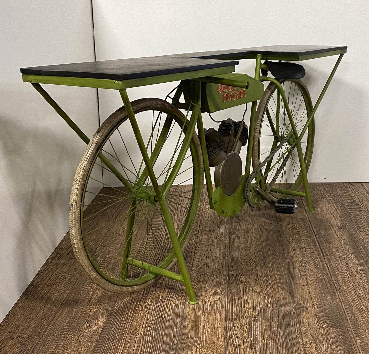 71" Brown and Green Solid Wood and Metal Bike Kitchen Cart HomeRoots