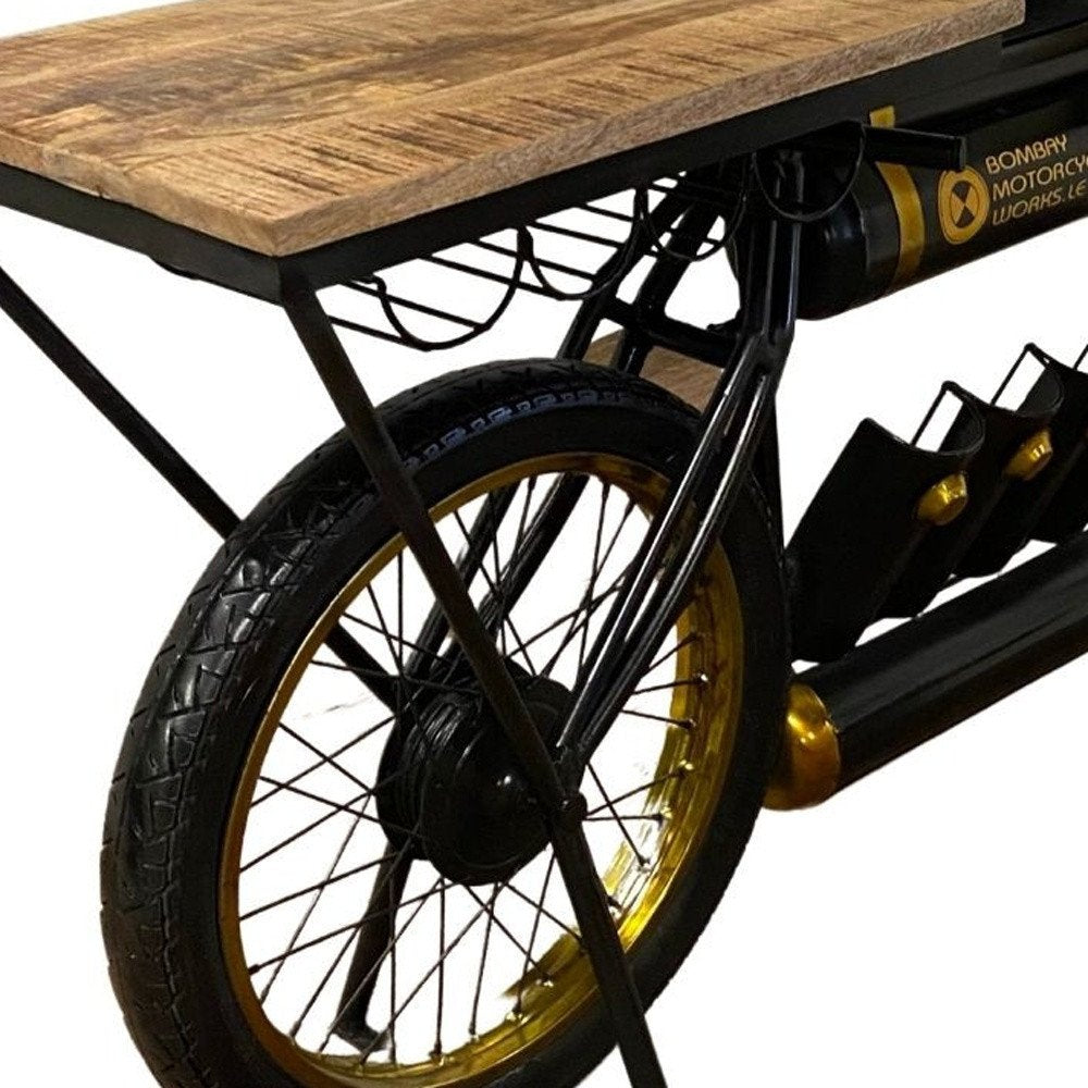 Black and Gold Iron And Solid Wood Bar Cart With Wine Storage HomeRoots