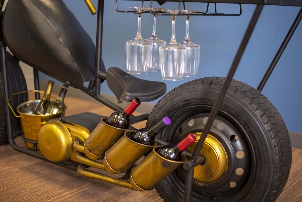 Black and Gold Metal and Wood Bar Cart With Wine Storage HomeRoots