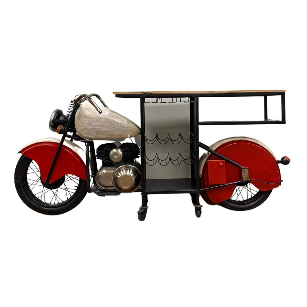 Red and Black Metal And Wood Rolling Glider Bike Bar Cart With Wine Storage HomeRoots