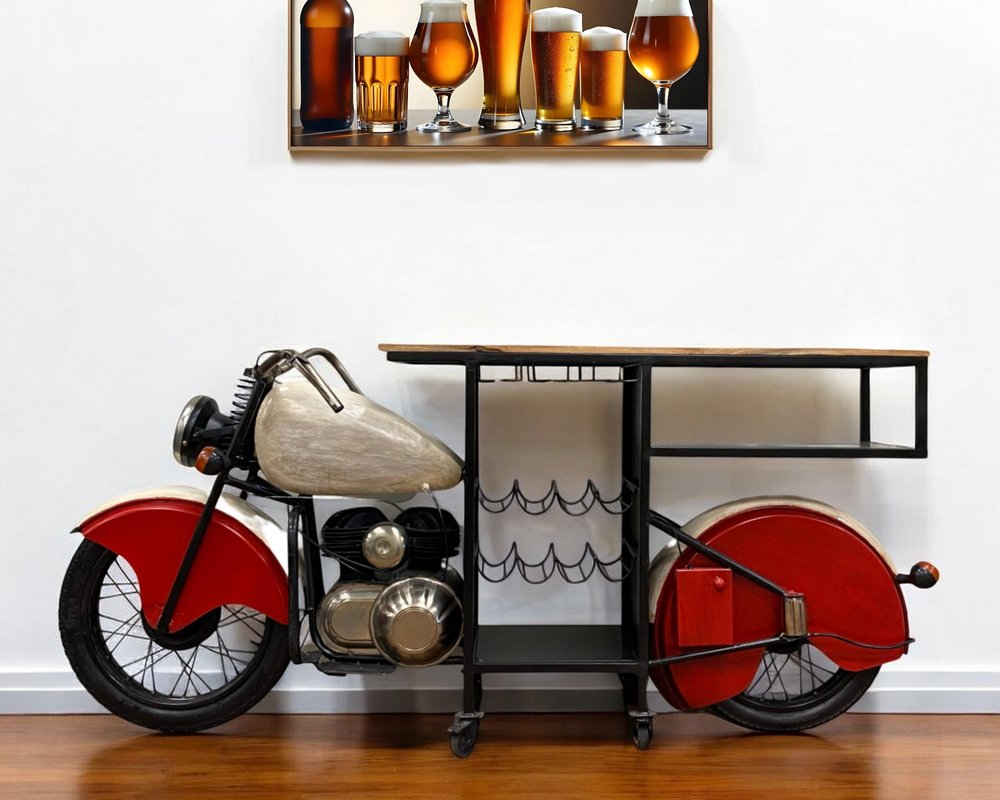 Red and Black Metal And Wood Rolling Glider Bike Bar Cart With Wine Storage HomeRoots