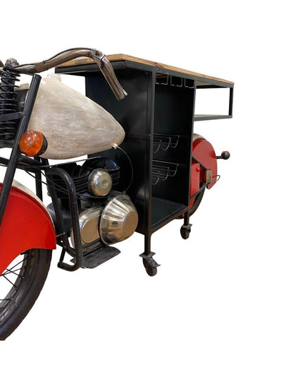 Red and Black Metal And Wood Rolling Glider Bike Bar Cart With Wine Storage HomeRoots