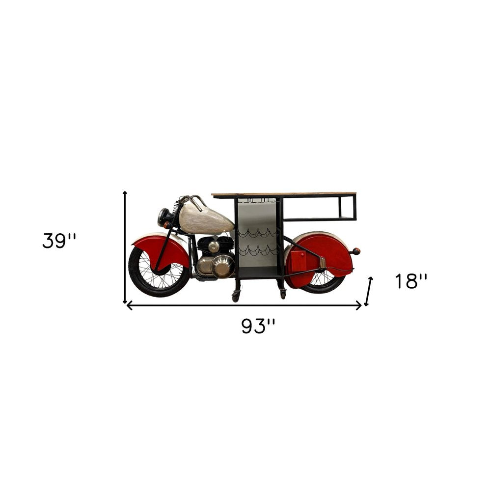 Red and Black Metal And Wood Rolling Glider Bike Bar Cart With Wine Storage HomeRoots