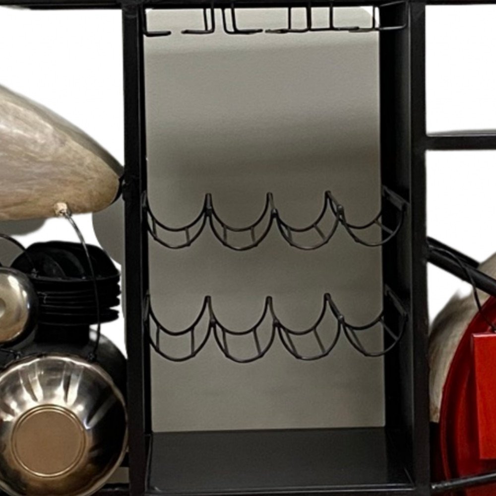 Red and Black Metal And Wood Rolling Glider Bike Bar Cart With Wine Storage HomeRoots