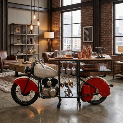 Red and Black Metal And Wood Rolling Glider Bike Bar Cart With Wine Storage HomeRoots