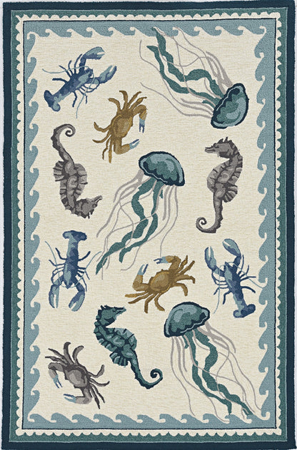 2'X3' Ivory Teal Hand Hooked Uv Treated Bordered Coastal Sea Life Indoor Outdoor Accent Rug