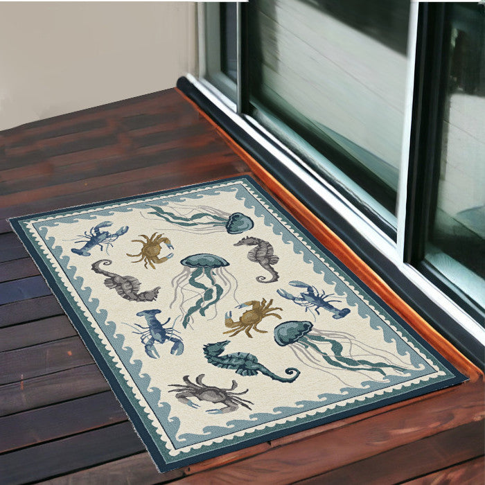 2'X3' Ivory Teal Hand Hooked Uv Treated Bordered Coastal Sea Life Indoor Outdoor Accent Rug