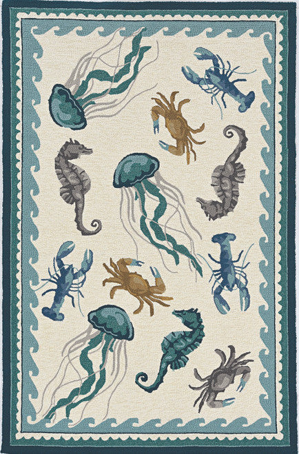 2'X3' Ivory Teal Hand Hooked Uv Treated Bordered Coastal Sea Life Indoor Outdoor Accent Rug