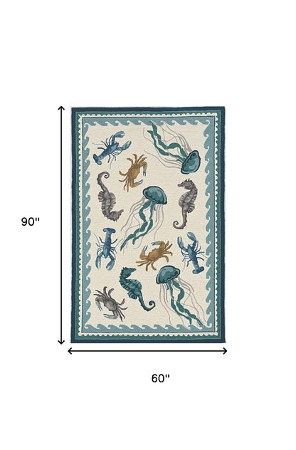 2'X3' Ivory Teal Hand Hooked Uv Treated Bordered Coastal Sea Life Indoor Outdoor Accent Rug