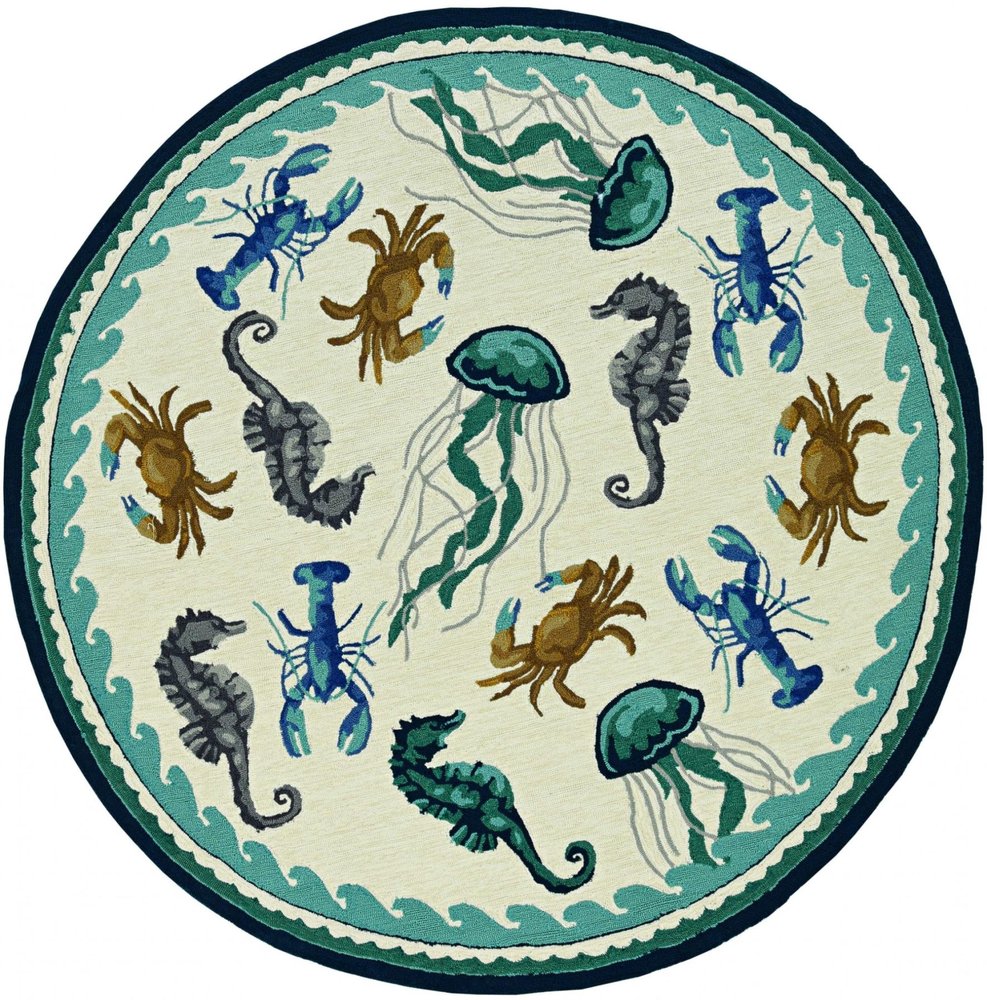 8' Ivory And Teal Blue Round Seashell Handmade Indoor Outdoor Area Rug HomeRoots