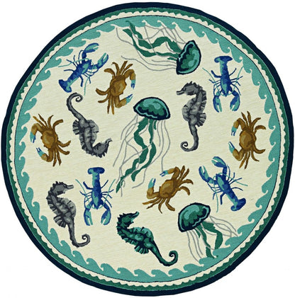 8' Ivory And Teal Blue Round Seashell Handmade Indoor Outdoor Area Rug HomeRoots
