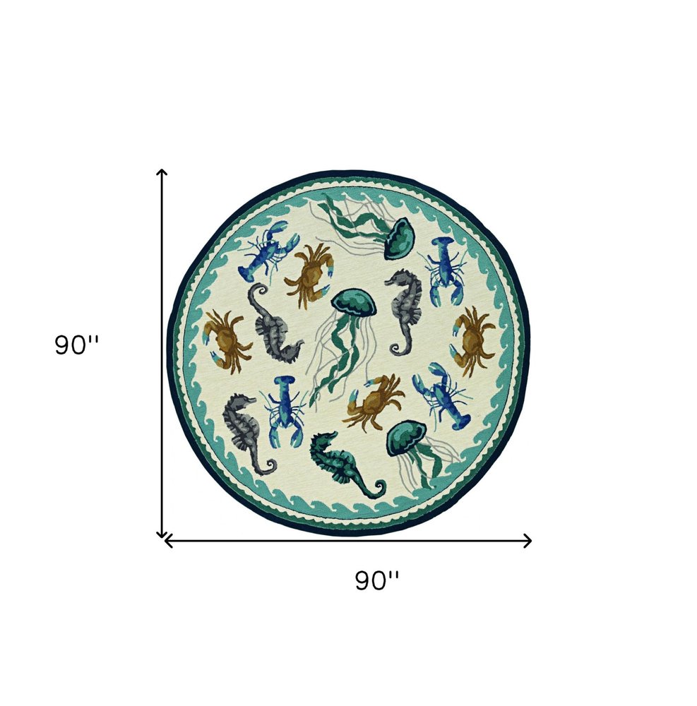 8' Ivory And Teal Blue Round Seashell Handmade Indoor Outdoor Area Rug HomeRoots