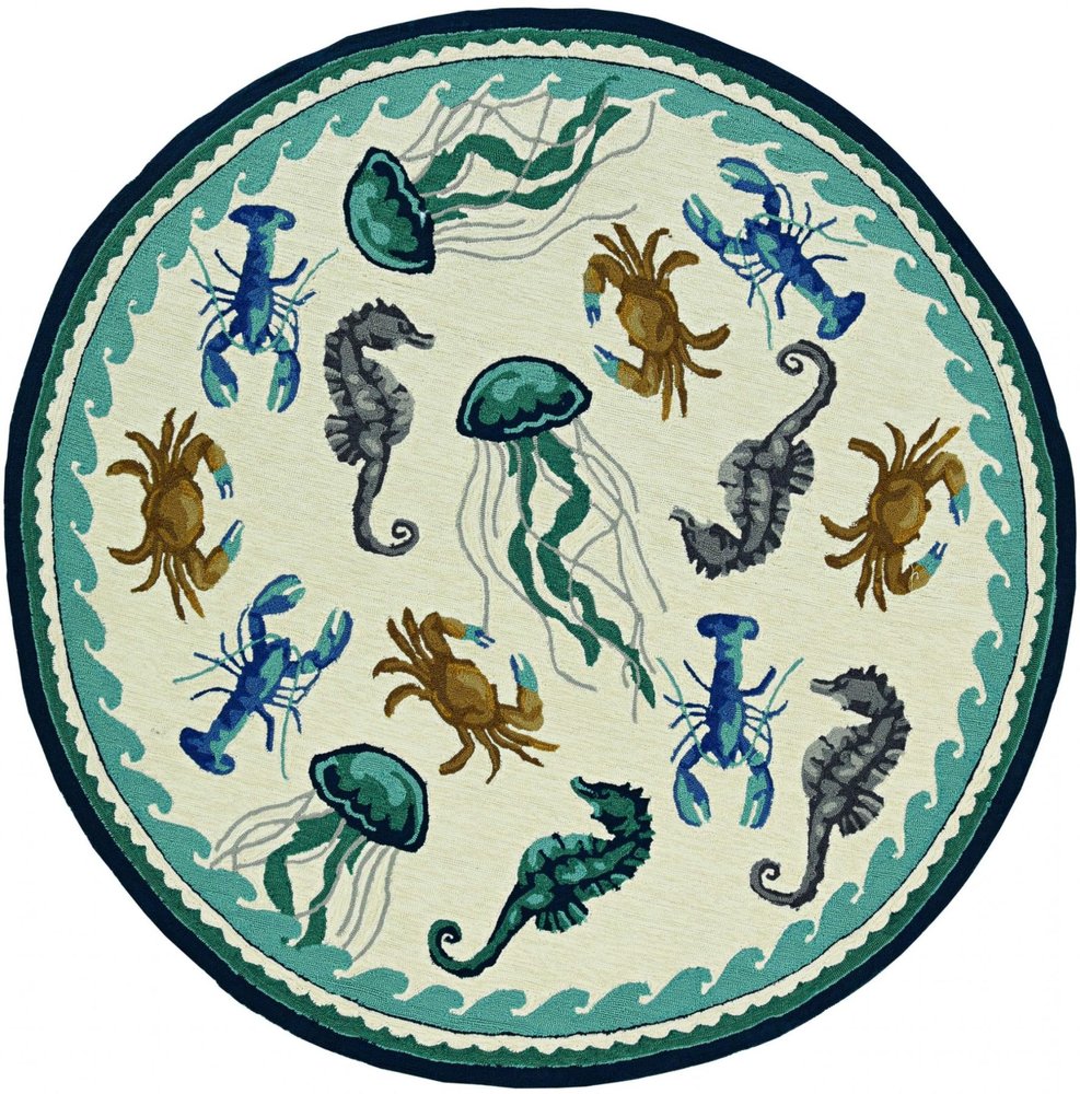 8' Ivory And Teal Blue Round Seashell Handmade Indoor Outdoor Area Rug — view 4