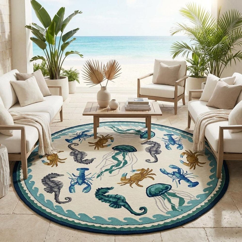 8' Ivory And Teal Blue Round Seashell Handmade Indoor Outdoor Area Rug HomeRoots