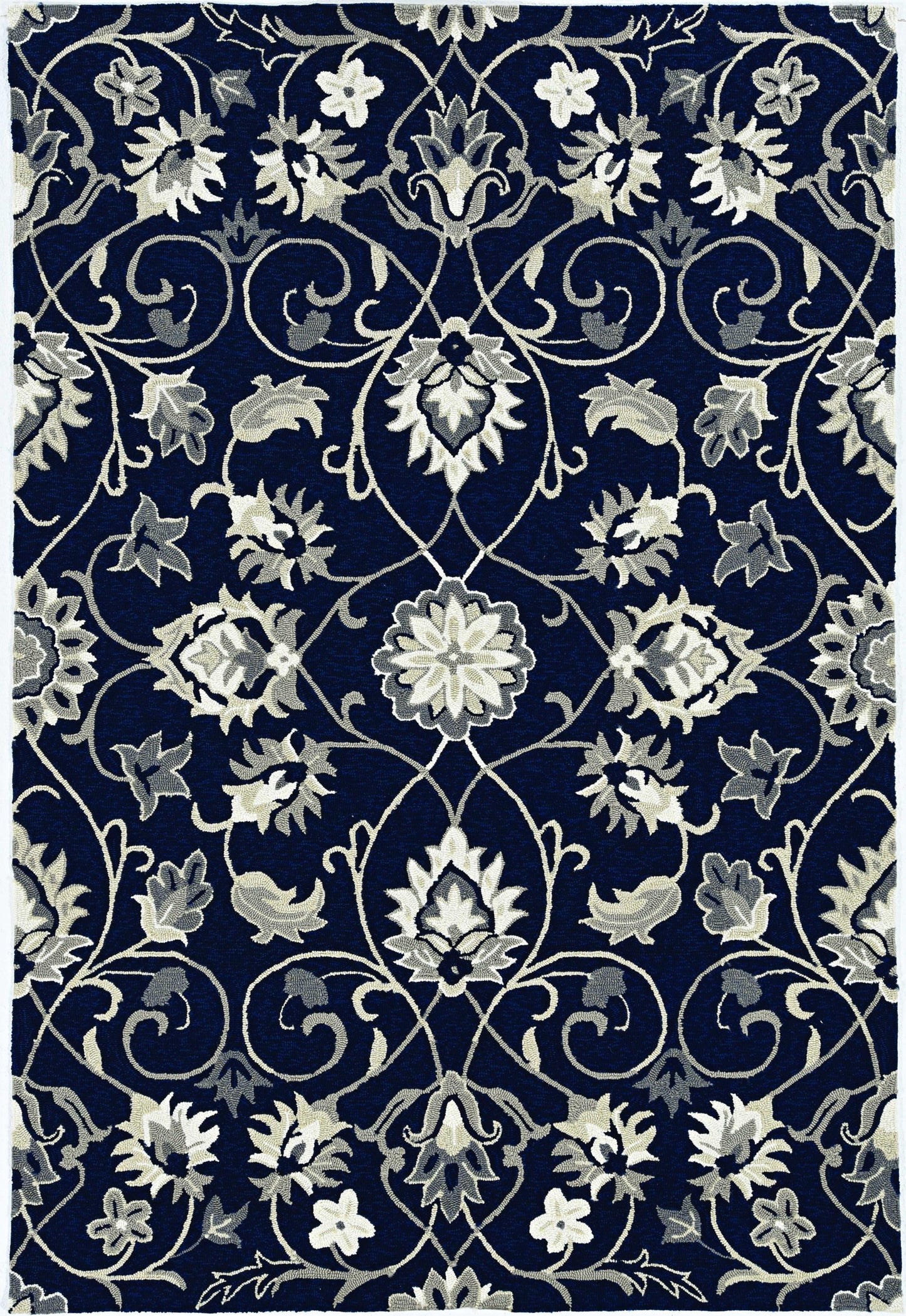 2'X3' Navy Blue Hand Hooked Uv Treated Floral Vines Indoor Outdoor Accent Rug