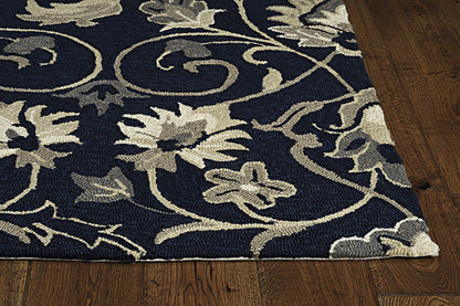 2'X3' Navy Blue Hand Hooked Uv Treated Floral Vines Indoor Outdoor Accent Rug