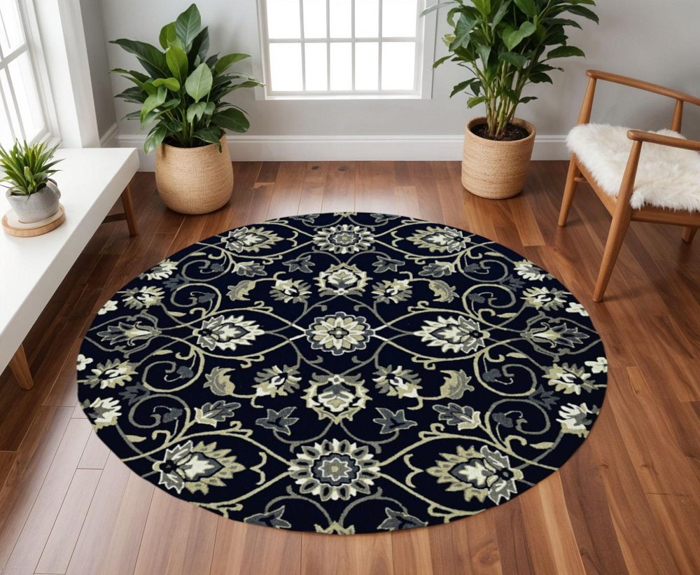 8' Navy Blue Round Hand Tufted Area Rug With UV Protection HomeRoots