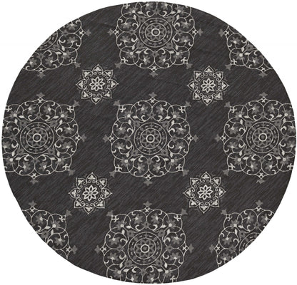5'X8' Charcoal Grey Hand Woven Uv Treated Floral Disk Indoor Outdoor Area Rug