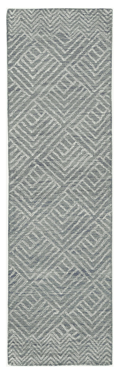 2' X 8' Denim Geometric Tiles Wool Runner Rug