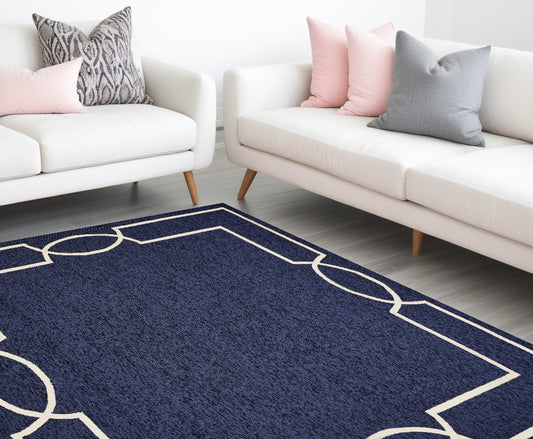 7' X 10' Navy and Ivory Geometric Hand Hooked Area Rug - 78.0" (H) x 114.0" (W) x 0.5" (D)