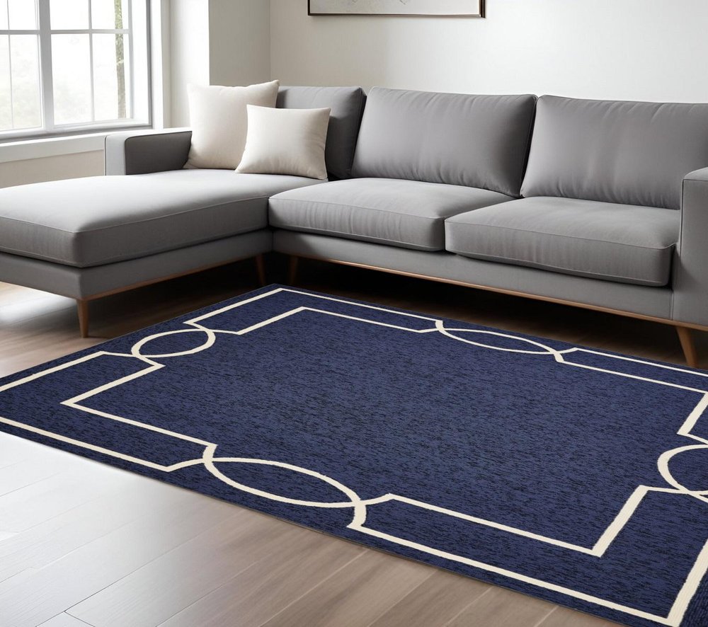 7' X 10' Blue And Ivory Geometric Hand Hooked Area Rug — view 10